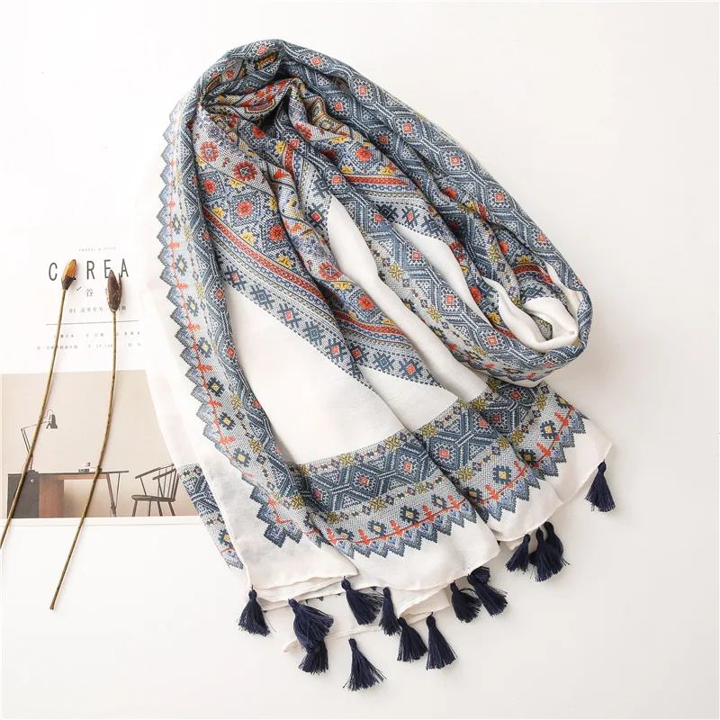 Bohe Style Plaid Print Women Scarf Retro Floral Pattern Fringed Shawl All-month Sunscreen Ethnic Scarves Female Foulard Bandana