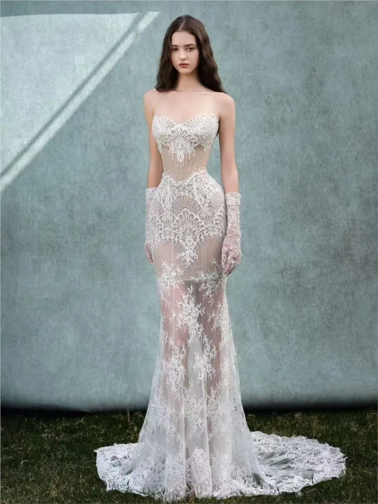Strapless lace-textured high-end custom-made fishtail chiffon dress for going out with a small tail