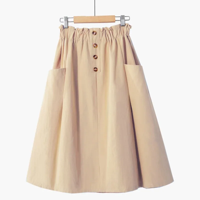 Women's Vintage High Waist Solid A-Line Pockets Midi Skirt