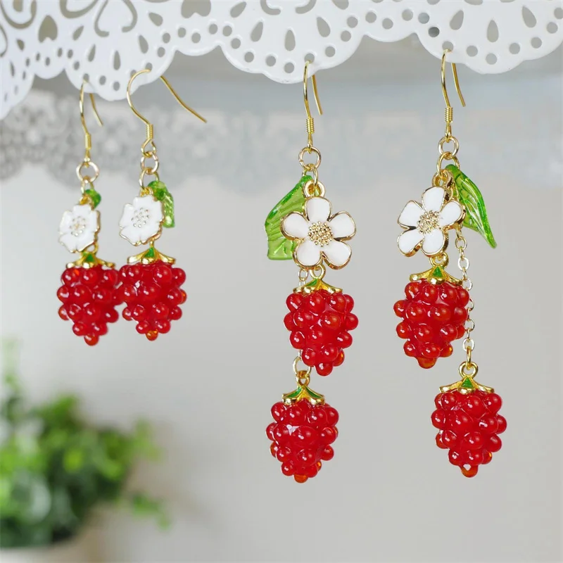 Lovely Small Raspberry Earrings for Women Green Leaves White Flower Red Berry Fruit Earrings Sweet Girl Summer Jewelry Gift