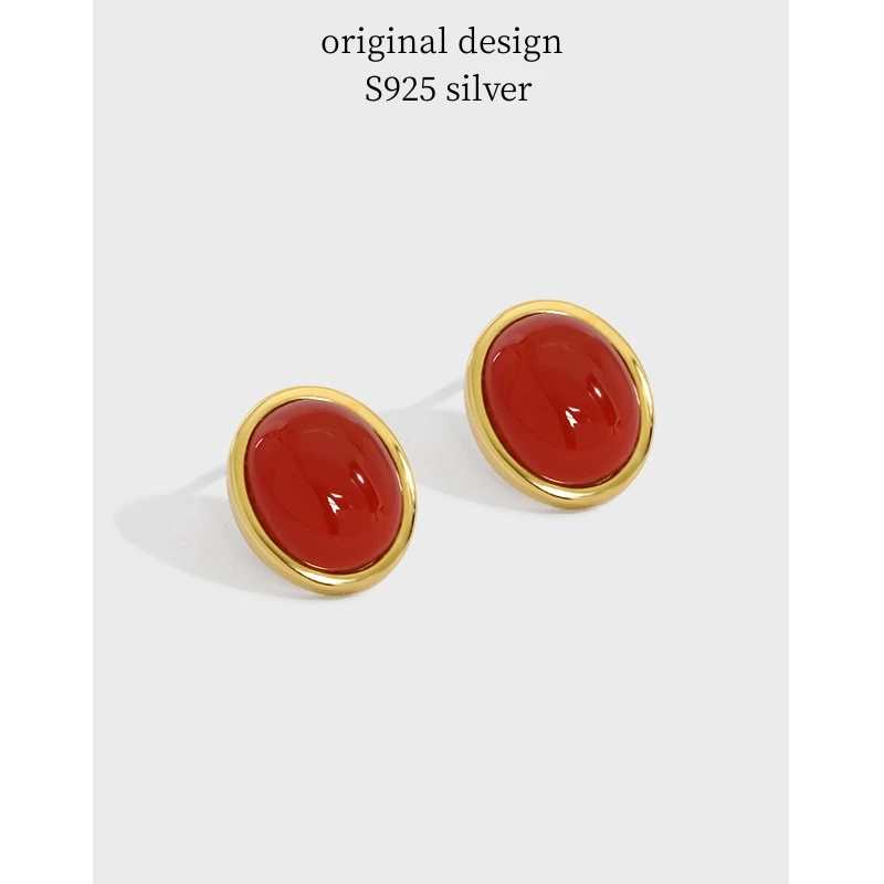 

S925 sterling silver oval red agate earrings for women, classic, fashionable, luxurious jewelry gifts