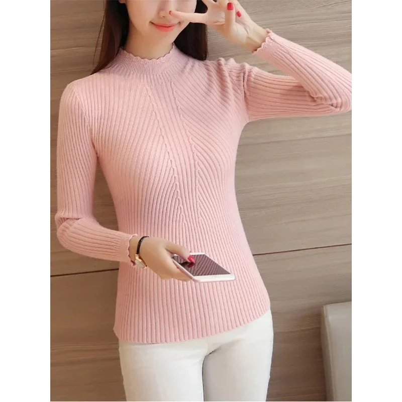 2024 autumn women mock neck ruffles sweater long sleeve knitted bottoming solid pullovers stripe women casual sweater winter