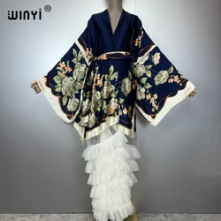 WINYI Catwalk Kimono Women Printed bubble hem coat Long Sleeve Cardigan abaya dubai luxury beachwear Cover Up boho dress kaftan
