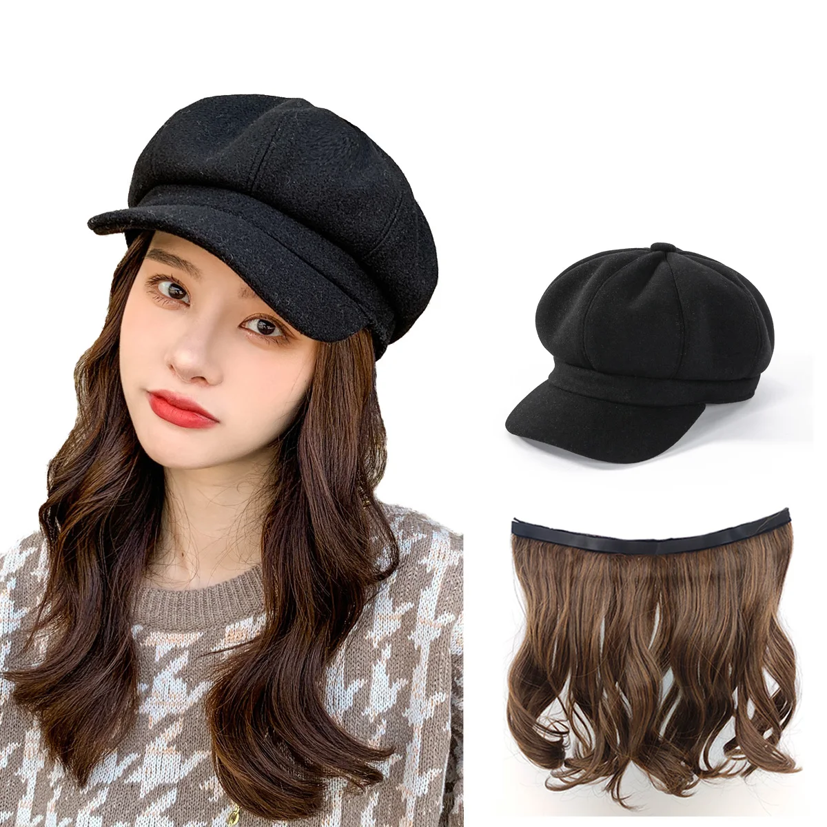 Fashionable Women's Plush Newsboy Cap Wig,Hat with Hair Attached for Women,Black Long Wavy Hat Wigs for Winter/Fall/Spring