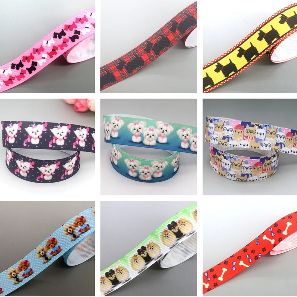 DHK 50yards Dog Bone Poodle Scotland Printed Grosgrain Ribbon Accessories Material Headwear Decoration DIY Sewing Craft S1720