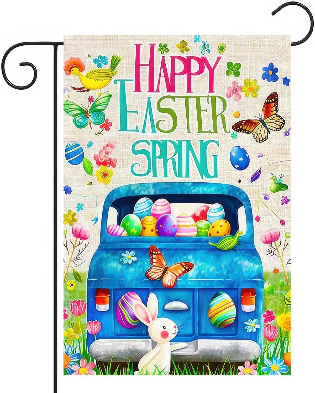 Happy Easter Garden Flag Spring Welcome Yard Flags Double Sided 12x18 Inch Easter Blue Truck Cute Bunny Flag Spring Garden F SSL