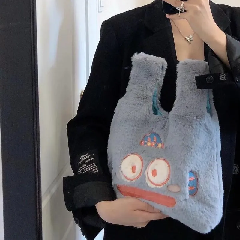 

JIAERDI мультяшная синяя уродливая сумка-тоут с рыбой, женская креативная забавная сумка на плечо большой вместимости, женская милая плюшевая мягкая повседневная сумка
