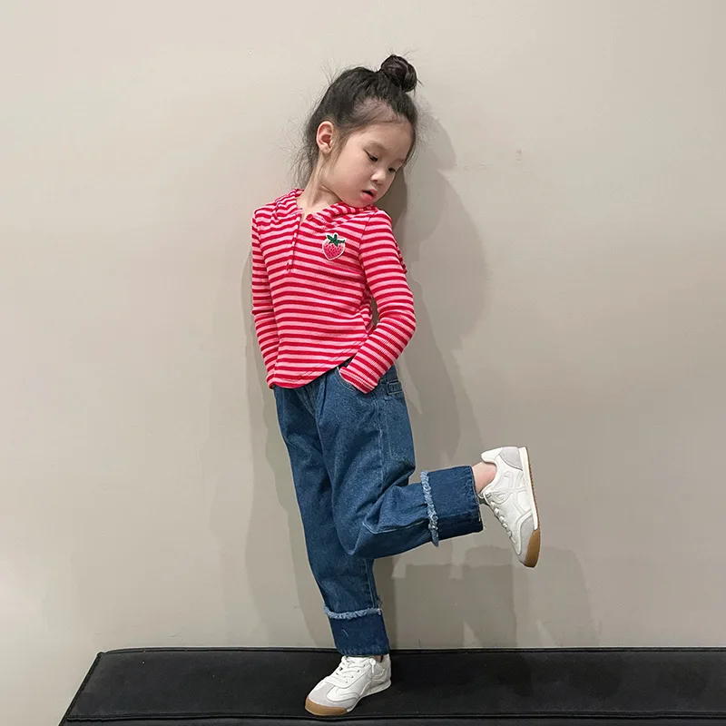 

Spring Children Set For Girl Pink Striped Long Sleeve Hoodie+High Waist Loose Straight Denim Pants Kids Sweatershirt Suits