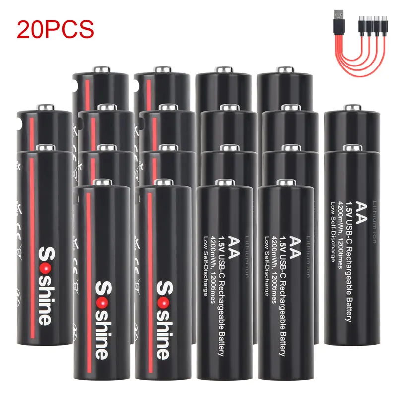 Soshine 1.5V 4200mWh Li-Ion Rechargeable Battery USB Lithium Batteries Type C AA Battery with 4-in-1 USB Cable 1200 Times Cycle