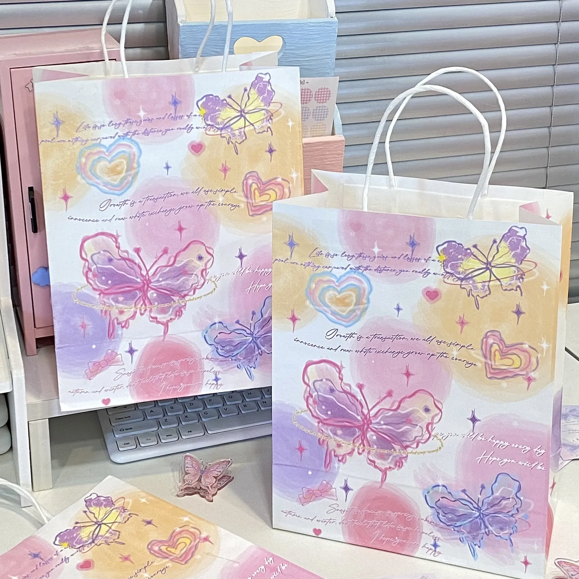 2Pcs Ins Cute Aesthetic Dream Butterfly Kraft Paper Tote Bag Kawaii Girl Shopping Bag Student Go To School Portable Tutoring Bag