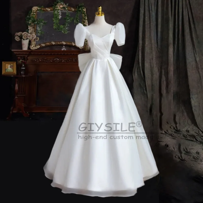 GIYSILE فستان زفاف من الساتان 2025 فستان زفاف خفيف جديد جو قصر عتيق بسيط أنيق صديرية دائرية كم قصير حزام الظهر