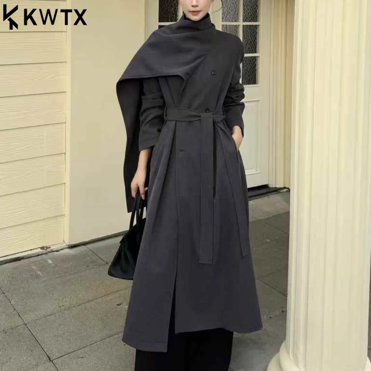 

KWTX Elegant Notch Lapel Duster Trench Coat With Detachable Cape And Belt - Loose Fit,Tailored Waist, Fall Fashion Outerwear