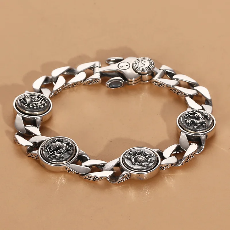 

S925 thai silver retro ethnic style four great beasts gossip cuban bracelet men fashion domineering national fashion ornament