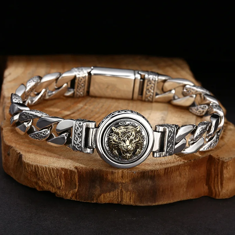 Men's women's styles Chinese-style trendy Cuban link bracelet with Tang Dynasty grass pattern tiger design vintage and