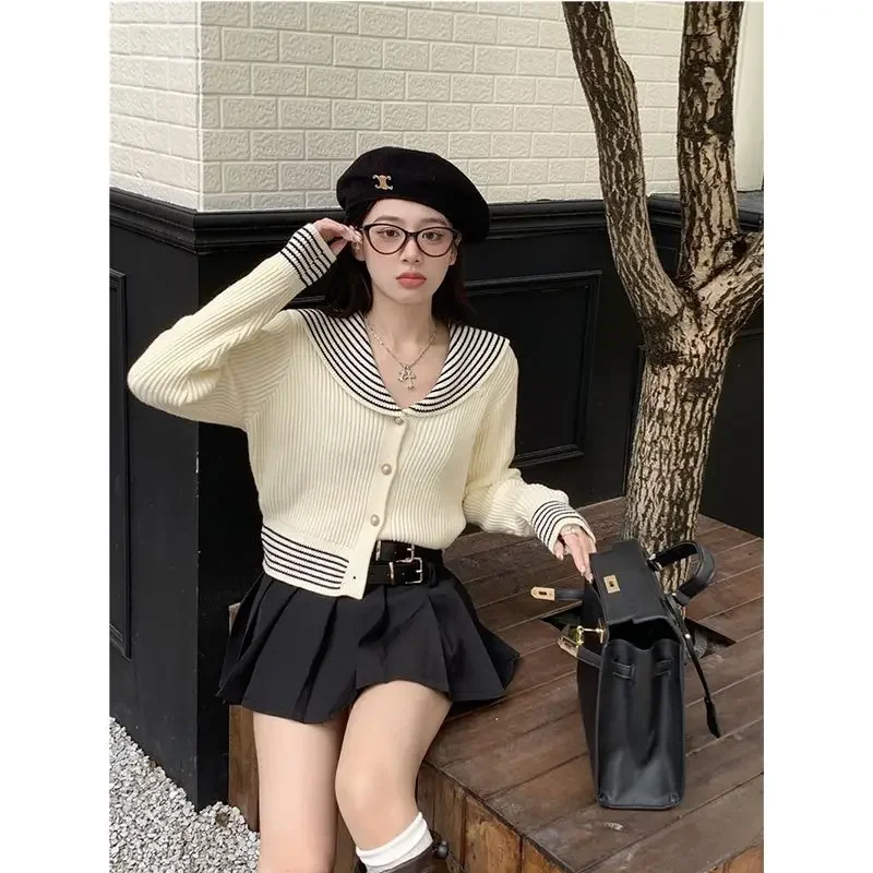 

Fashion Sweater Cardigan Women Niche Knitted Cardigan Jacket Female Autumn Winter New Striped Sailor Collar Short Tops