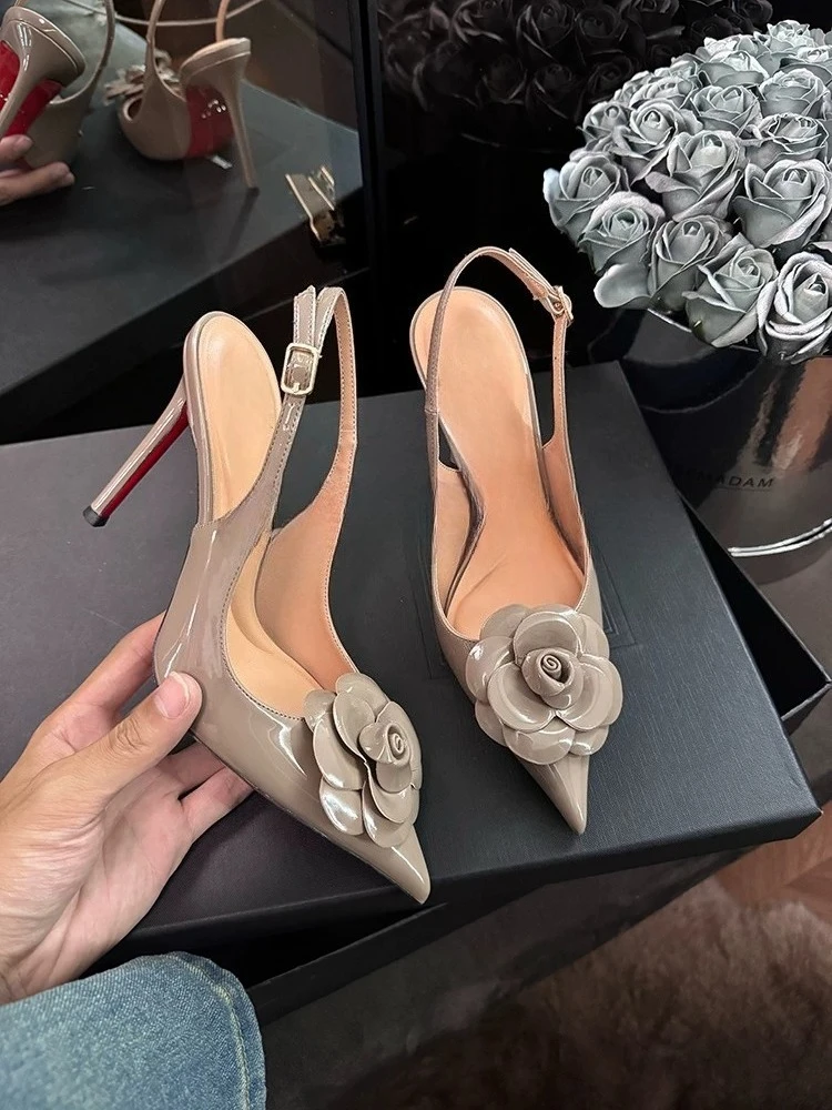 Elephant Grey High Heels Women's New Style Non Tiring Feet Flower Fine Heels Celebrity One Button Pointed Sandals Summer