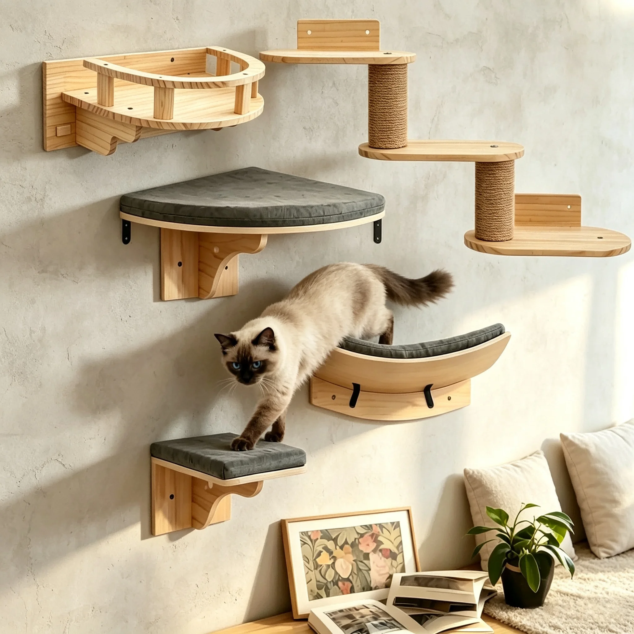Wandmontierte Katzenmöbel aus Naturholz, Schwebende Katzenregale für Innenräume, Kletter- und Ruheplatz für Kätzchen, Platzsparendes Wandaktivitätsset für Haustiere – Detail 1