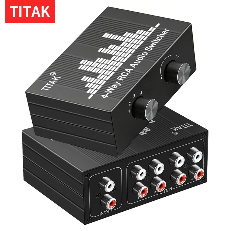 4-Channel RCA Audio Selector Bi-Directional 1-in-4-out 4-in-1-out Stereo Sound Switcher L/R Jack for Studio Speaker