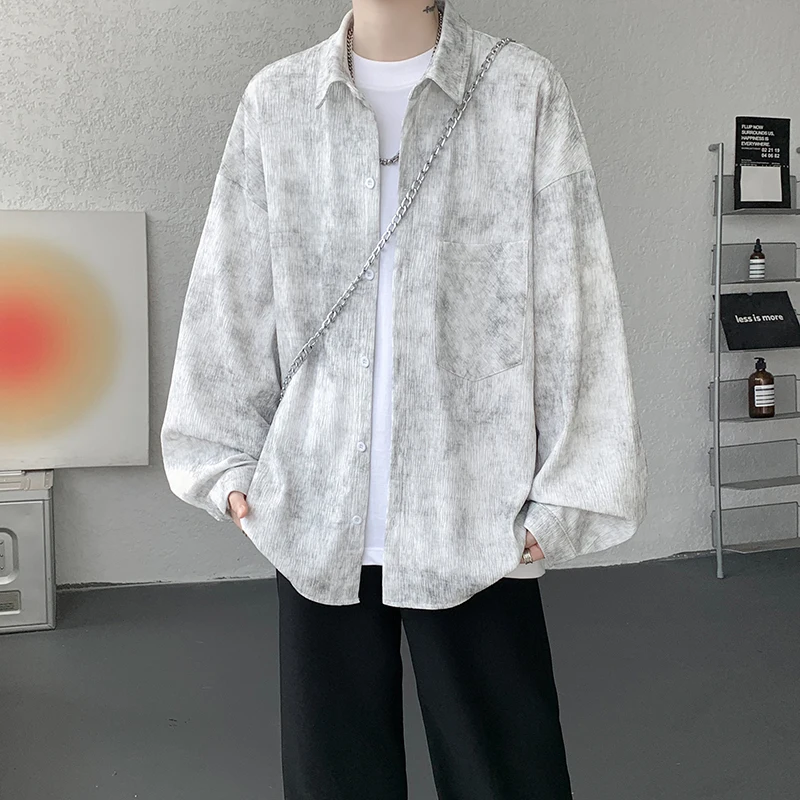 

Мужская рубашка больших размеров с длинным рукавом и текстурой тай-дай, однобортная, свободная посадка, осенний повседневный топ на пуговицах с потертострым эффектом