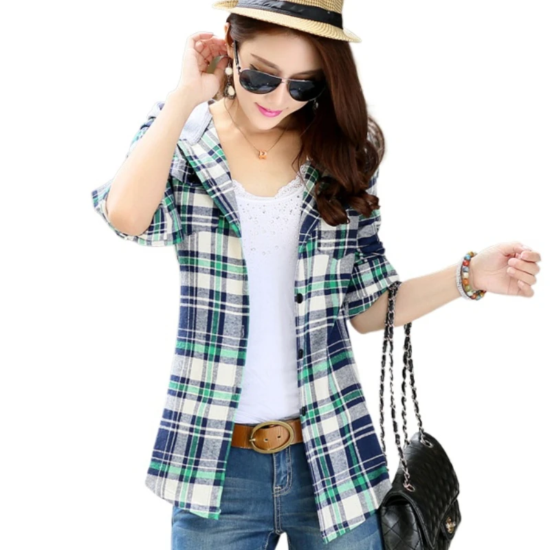 Women\'s Hooded Long Sleeve Flannel Plaid Blouses Casual Checkered Shirt Women Blusas Feminina Spring Tops Loose Outerwear M-XXXL