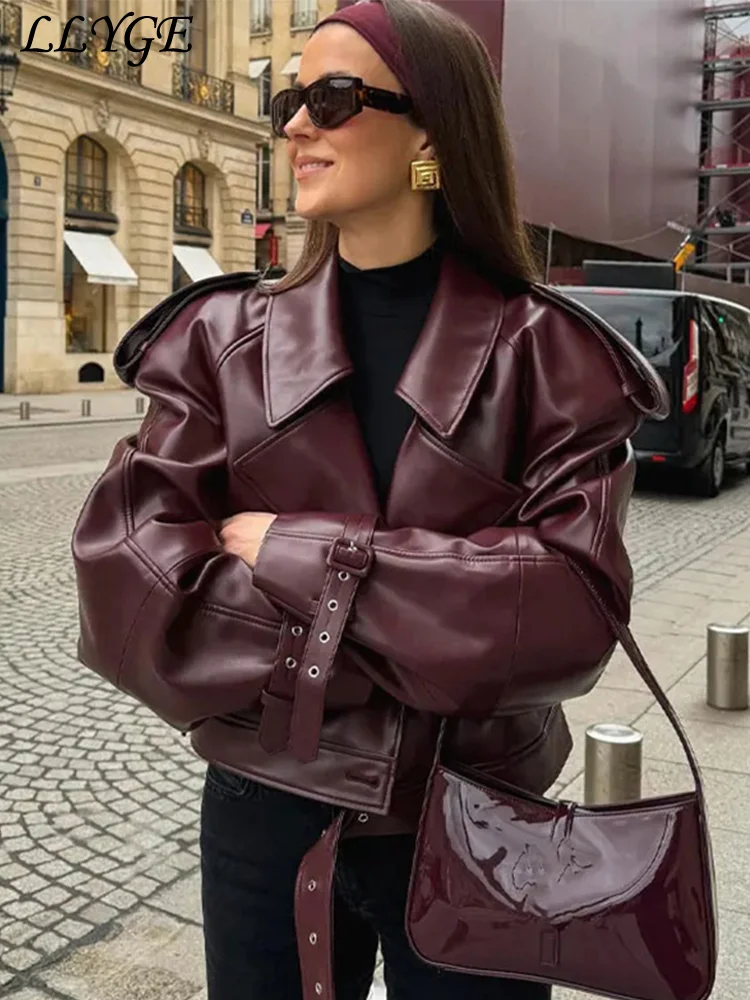 Elegant Women\'s Short Leather Jackets With Belt Loose Lapel Long Sleeved Patchwork Coat 2024 Autumn Lady Street Urban Outwears 
