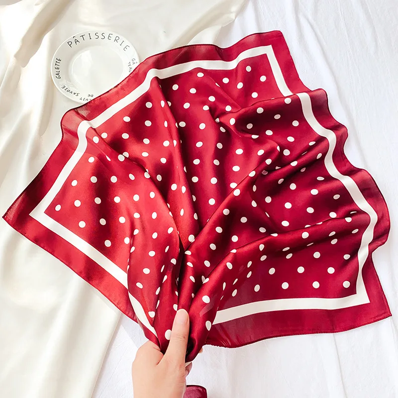 Silk Scarf Polka Dot Satin Chiffon Square Scarf Female Imitation Silk Solid Color Printing Professional Scarf