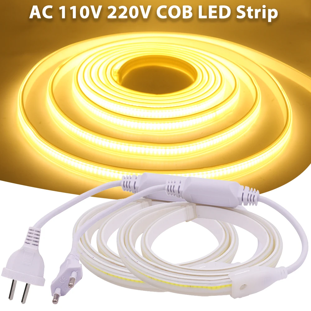 220V 110V COB LED Strip Light Waterproof Outdoor LED Lights Flexible COB LED Tape With EU US Power Plug Dimmable Linear Lighting