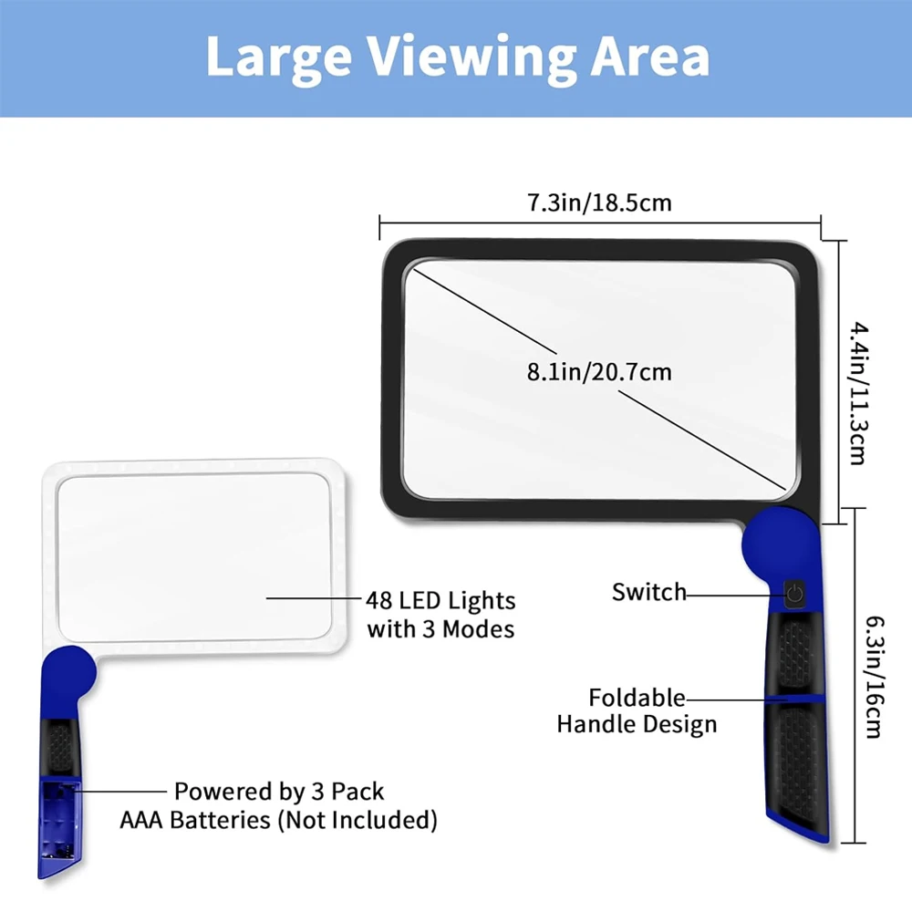 5-кратная лупа с легкой полноценной лупой для чтения, большая лупа с подсветкой и 48 светодиодами, антибликовая линза