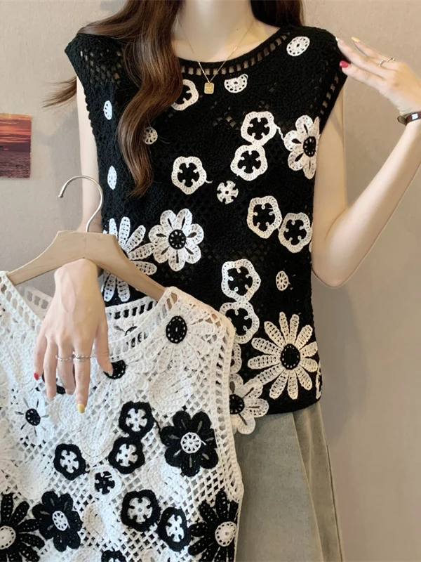 

Lace Knitted Hollow out Sleeveless round Neck Vest Large Size Summer Loose Women's Knitted Top Floral Pattern Casual Wear