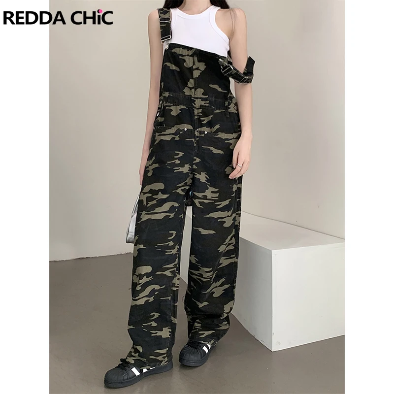 

REDDACHiC Camouflage Retro Denim Jumpsuit Women Summer Adjustable Straps Loose Casual Wide Leg Overalls Korean Harajuku Workwear