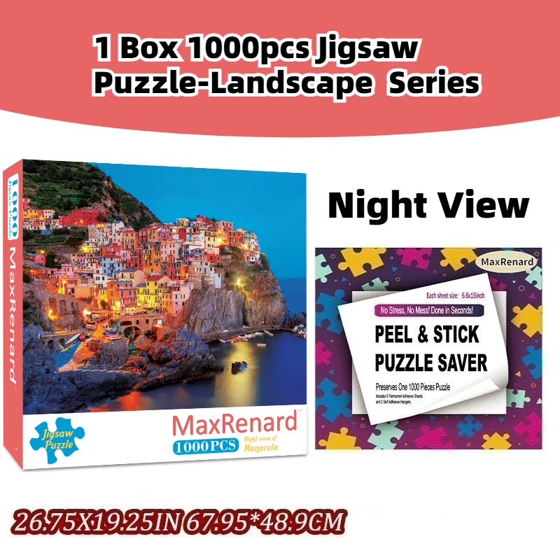 1000PCS Night View Landscape Jigsaw Puzzle Cardboard Complete Framing Display Kit with Large Self-Adhesive Back Stickers
