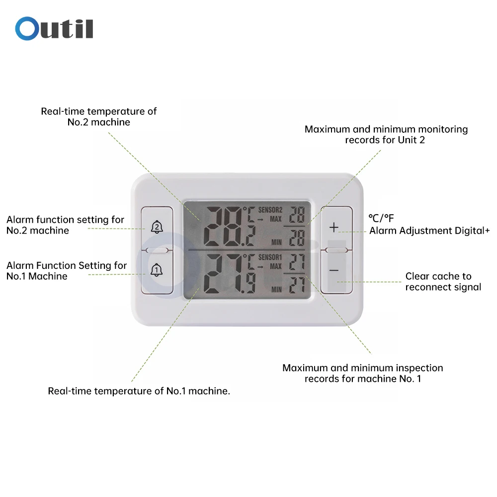 2 in 1 Wireless Transmission Thermometer with Alarm Indoor And Outdoor Household Refrigerator Cold Storage Electronic Thermomete