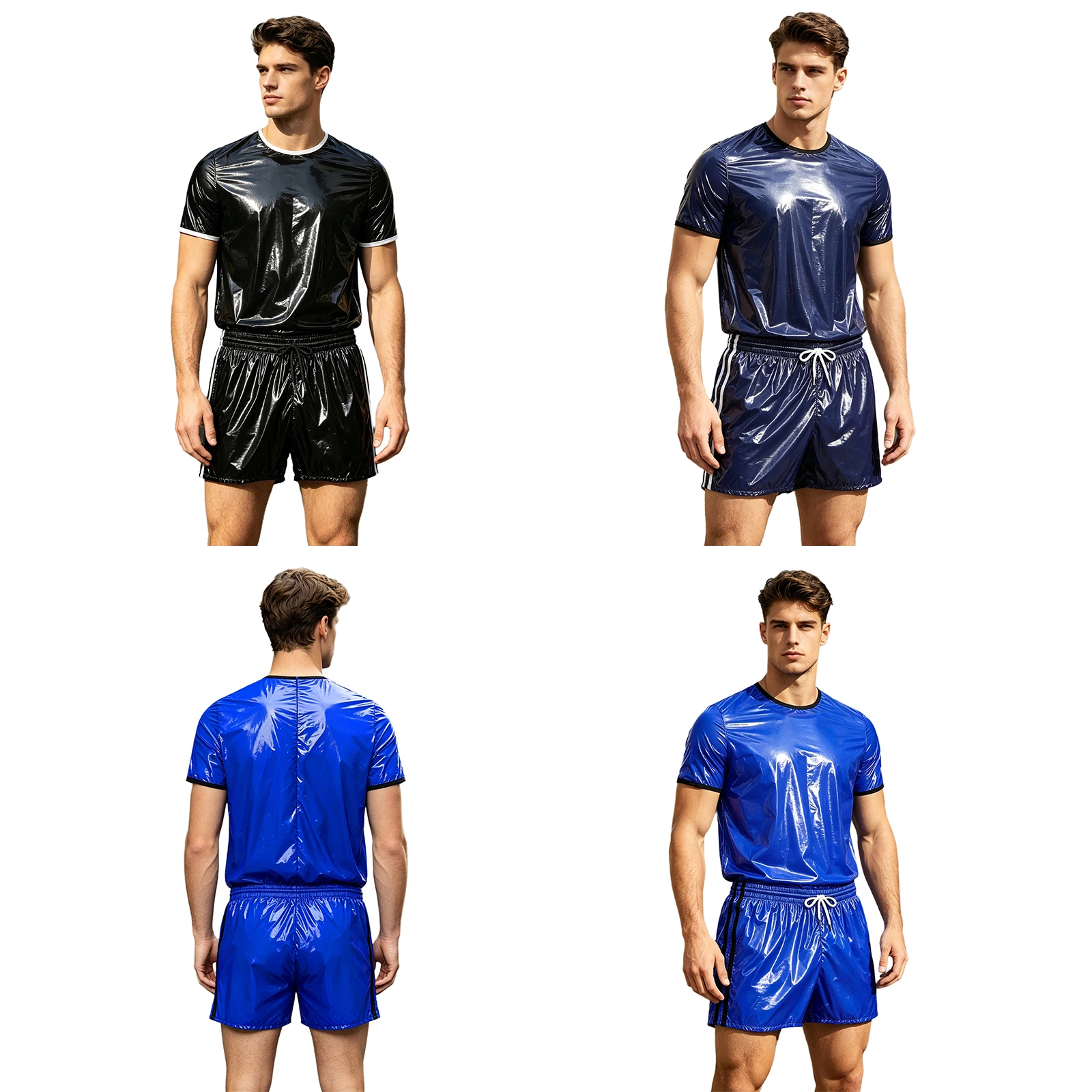 Men Waterproof Sauna Outfit Vinyl Glossy Sweat Suit Tracksuit T-shirt Top with Built-in Briefs Boxer Shorts for Fitness Training