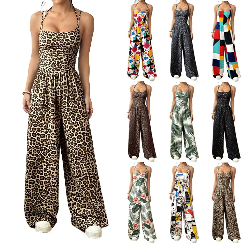 Elegant Women's Long Jumpsuit Summer Vacation Leopard Print Suspender Jumpsuits Women Macacão Feminino Soltinho