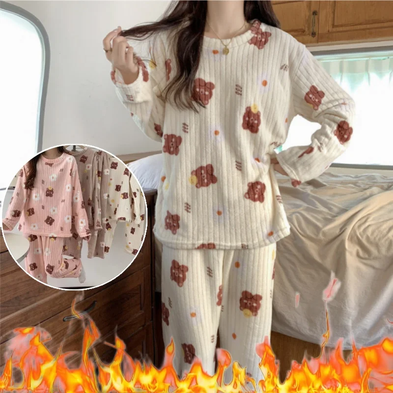 

Winter Coral Fleece Pajama Set Women's Round Neck Printed Homewear Cartoon Long Sleeve Warm Sleepwear for Cold Weather