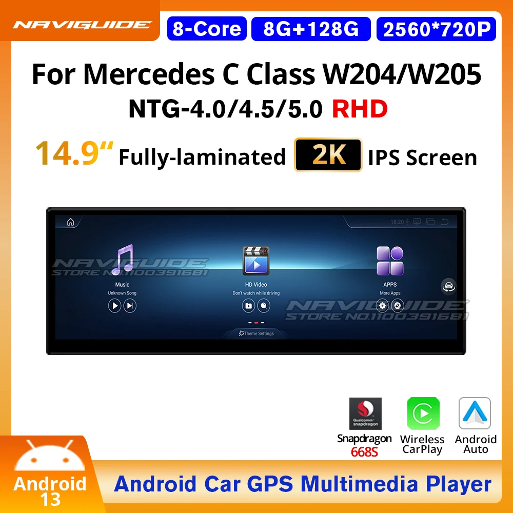 NAVIGUIDE 10.25'' 14.9'' For Mercedes C Class W204 W205 RHD 2008-2018 Carplay Auto Car Multimedia Player Android13 GPS Headunit