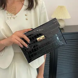 Thin Envelope Clutch Handbag Women Crocodile Pattern PU Leather Mini Daily Commuter Purse Wallet Portable Evening Messenger Bags