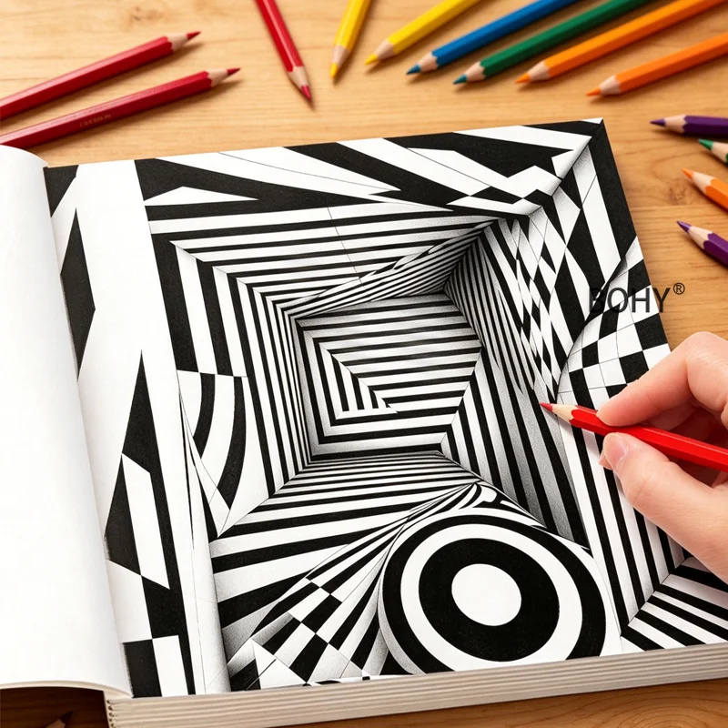 1 Hand Drawn Coloring Book, 24 Pages of Themed Patterns As Black and White Tunnels/psychedelic Geometry, for Adults To Relax