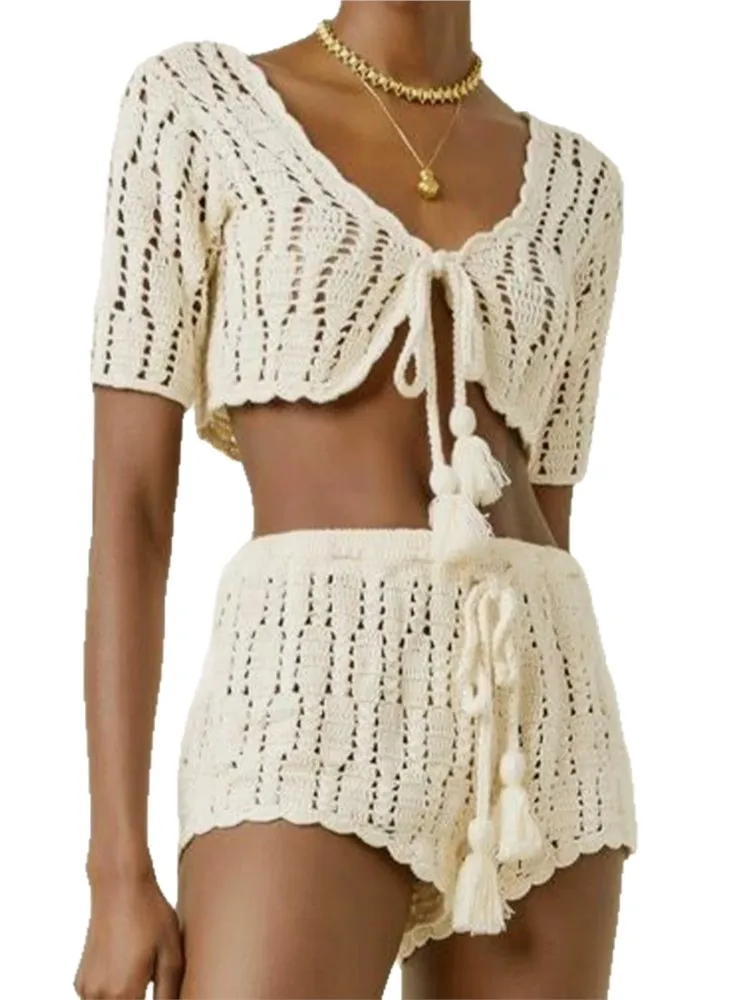 2026 Women Beach 2 Piece Sets Bikini Cover-Ups Swimsuit Tops And High Waist Shorts Sexy Ladies Swimming Cover Up Bathing Suit view 2
