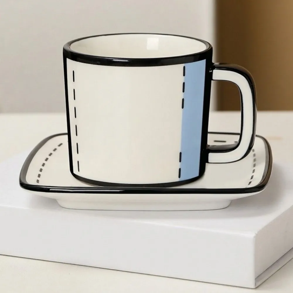 Ceramic Comic Mug Comic Style Large Capacity Anime Water Drink Cup Black Rim Outline with Saucer Breakfast Cup Set Offices