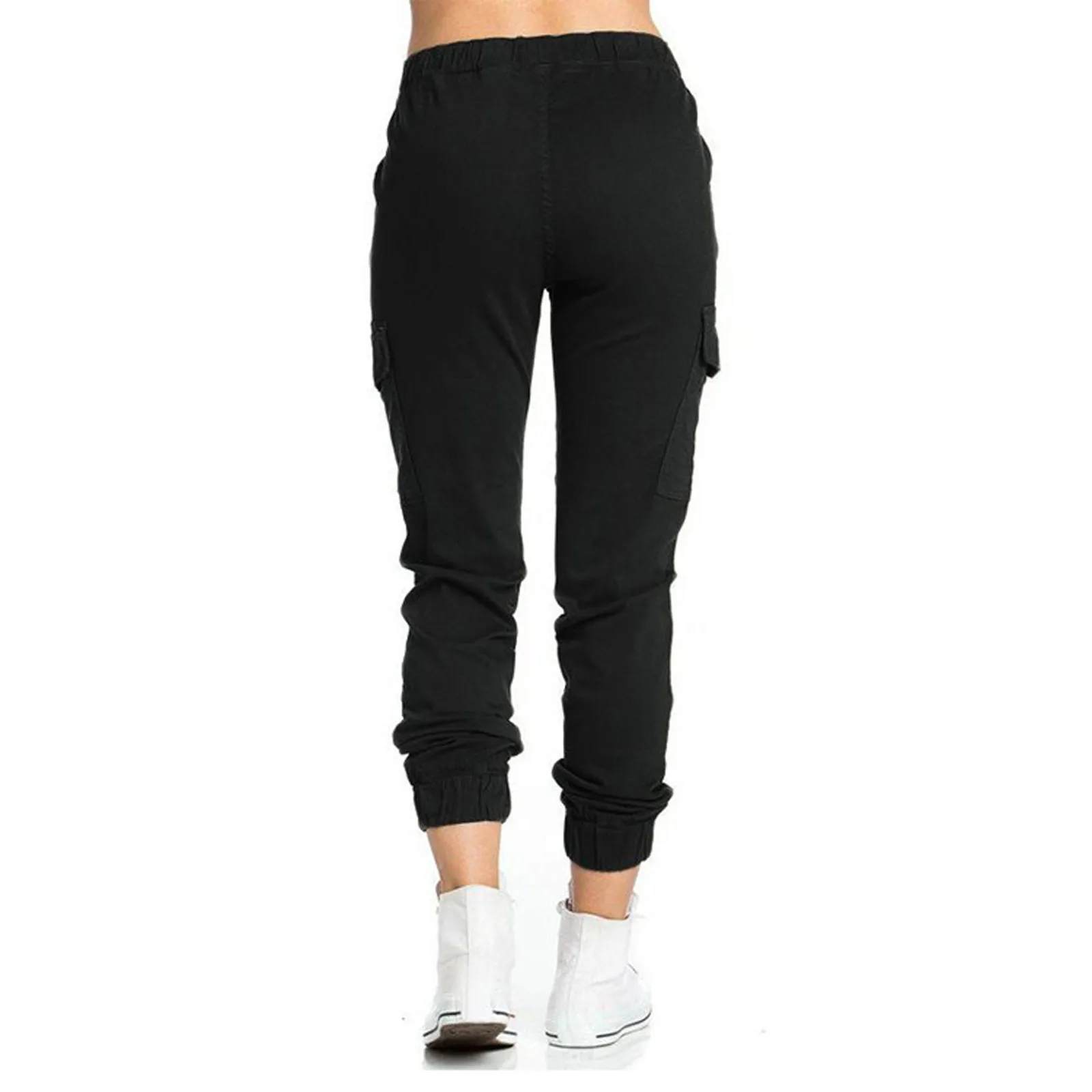 Calça cargo de bolso múltiplo feminina, calça esportiva com cordão, cintura elástica, calça comprida casual, jogger monocromático, streetwear, nova