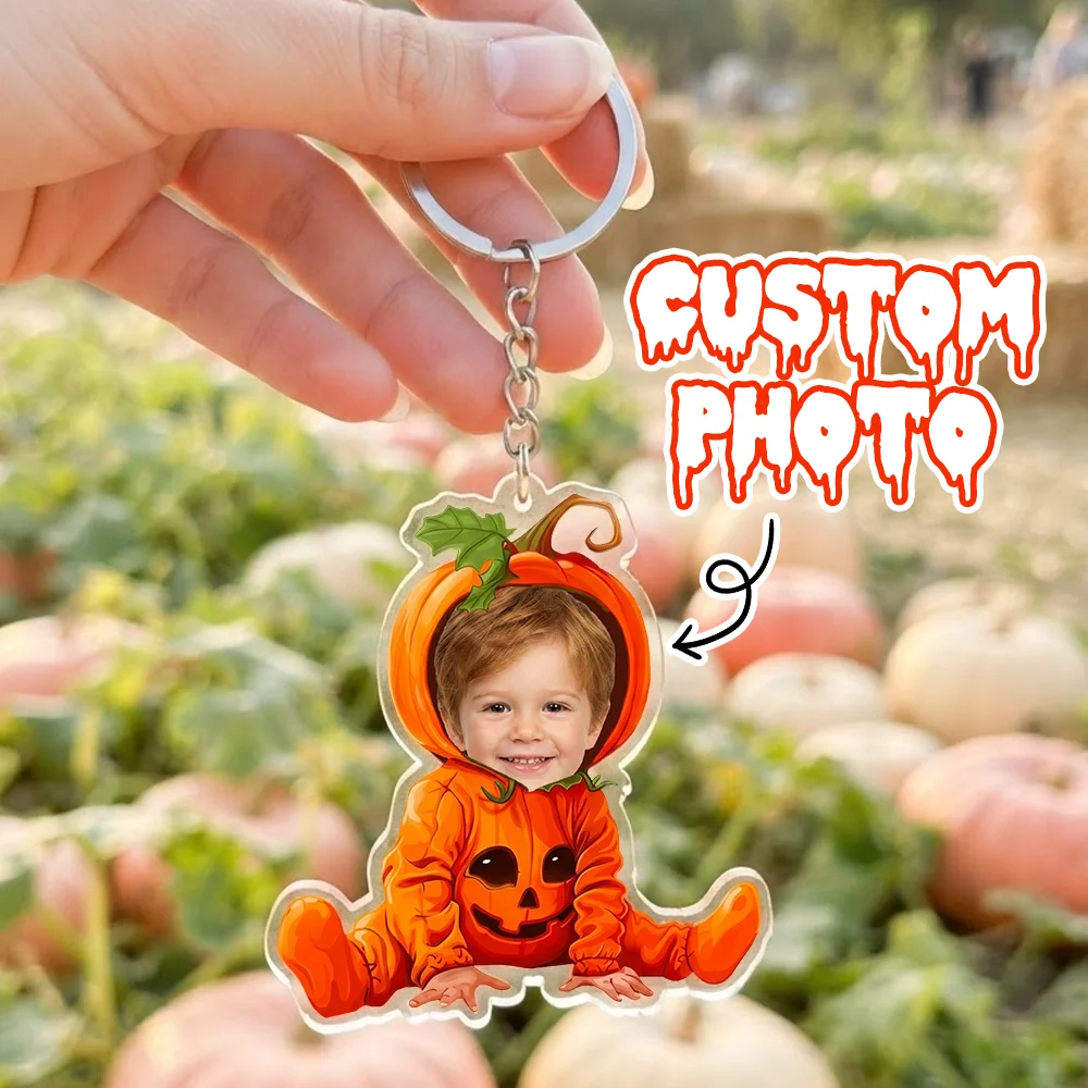 Custom Face Acrylic Keychain, Halloween Pumpkin Outfit Portrait, Personalized Photo Custom Accessory, Holiday Themed Keepsake