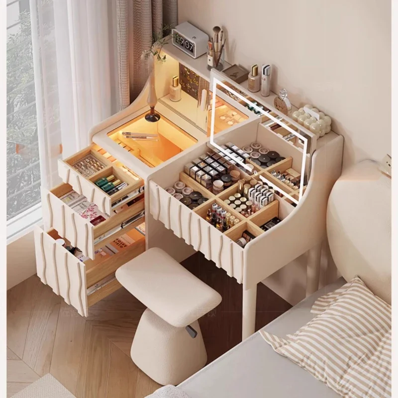

Drawers Lights Wood Vanity Table Storage Mirror Glass Girls Led Hotel Dressers Luxury Modern Cute Toaletka Furniture For Home