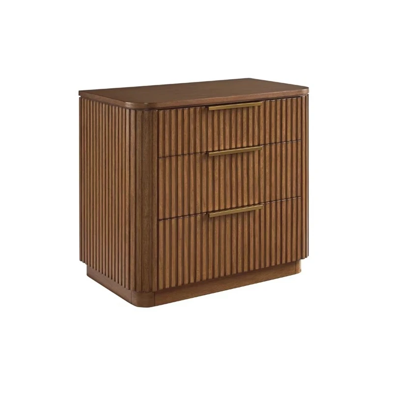 Modern Grooved Bedside Table 3 Drawers Wooden Bedside Table with Brass Handle