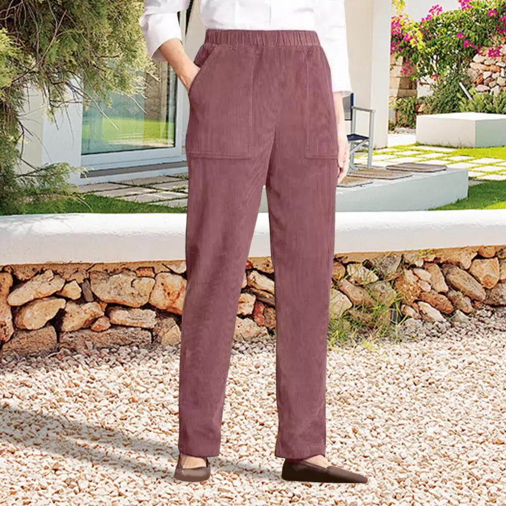 Corduroy Casual Pants Elastic Waist Women Long Pants With Pockets Solid Color Straight Leg Commuting Office Travel Slacks