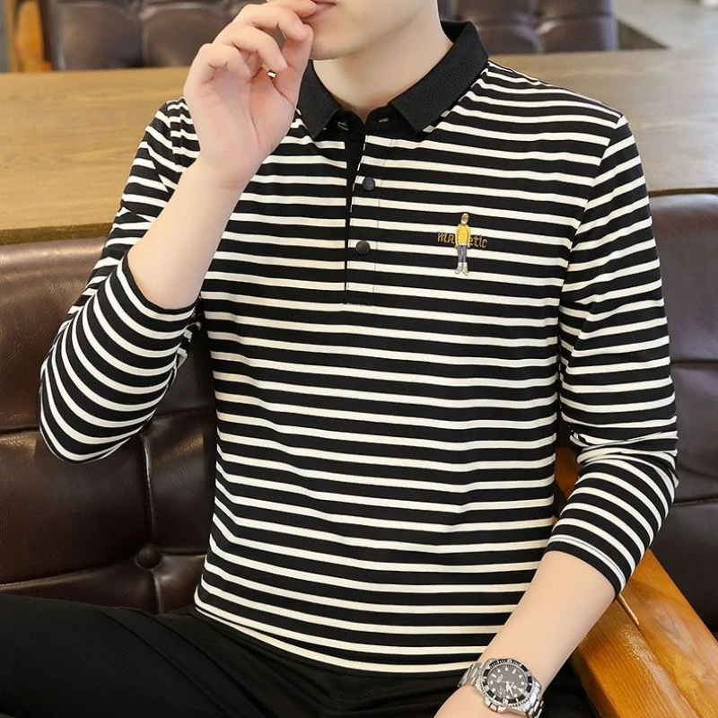 

Мужская поло-рубашка с длинным рукавом в полоску, осенняя повседневная футболка с воротником для молодежи, базовый модный топ 2026