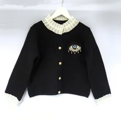 Fall/Winter 2024 New Women's Crewneck Pleated Panels Pearl Embellished Devil's Eye Sandros Style Knitted Sweater Cardigan