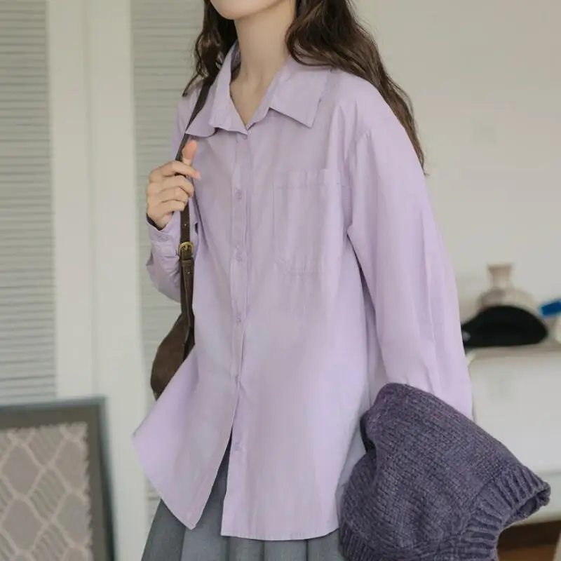 

Женская рубашка с отложным воротником и длинным рукавом из смесового хлопка для повседневной носки, в корейском стиле, свободного кроя, новинка ранней весны, однотонная