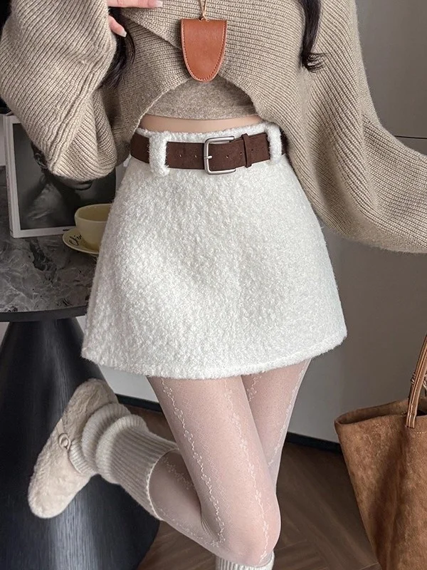 

Soft White Mink f-length Skirt Women's Spring Autumn New Sle Plu Wool Wrap-around Skirt High Waist A-line Skirt P...