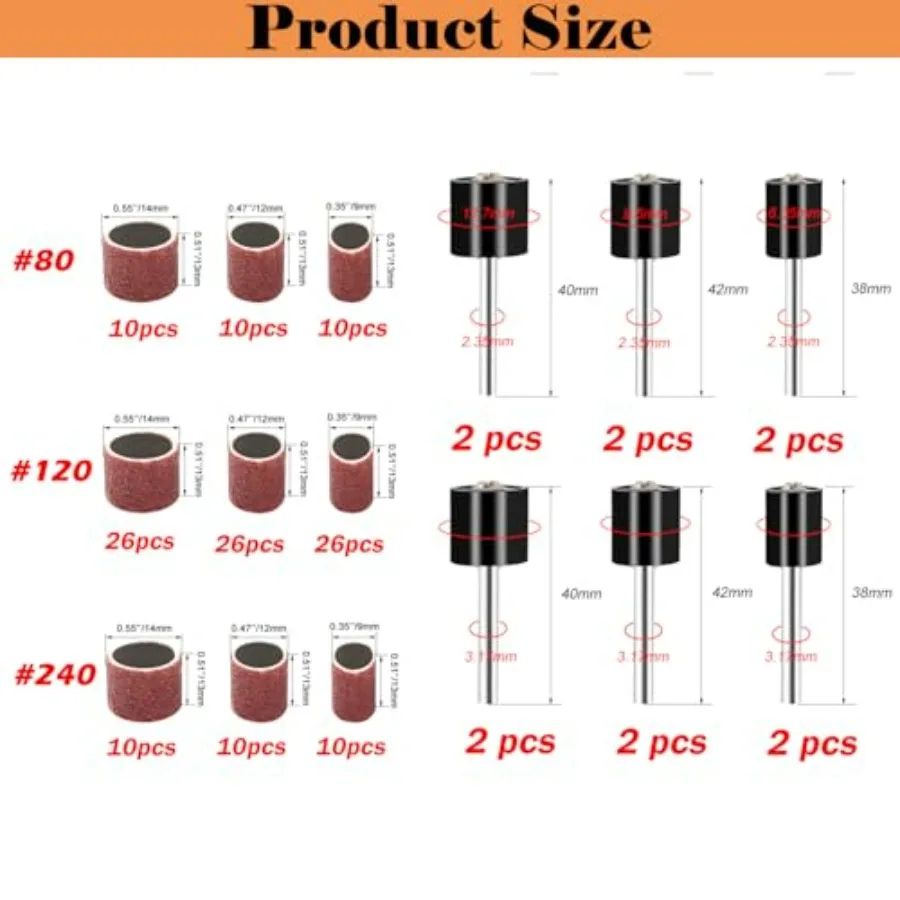 Sanding Drum Set for Most Rotary Tools-Includes 138 Aluminum Oxide Sanding Sleeves for Drum Sanders 80, 120, 240 Grit and 12 Dr